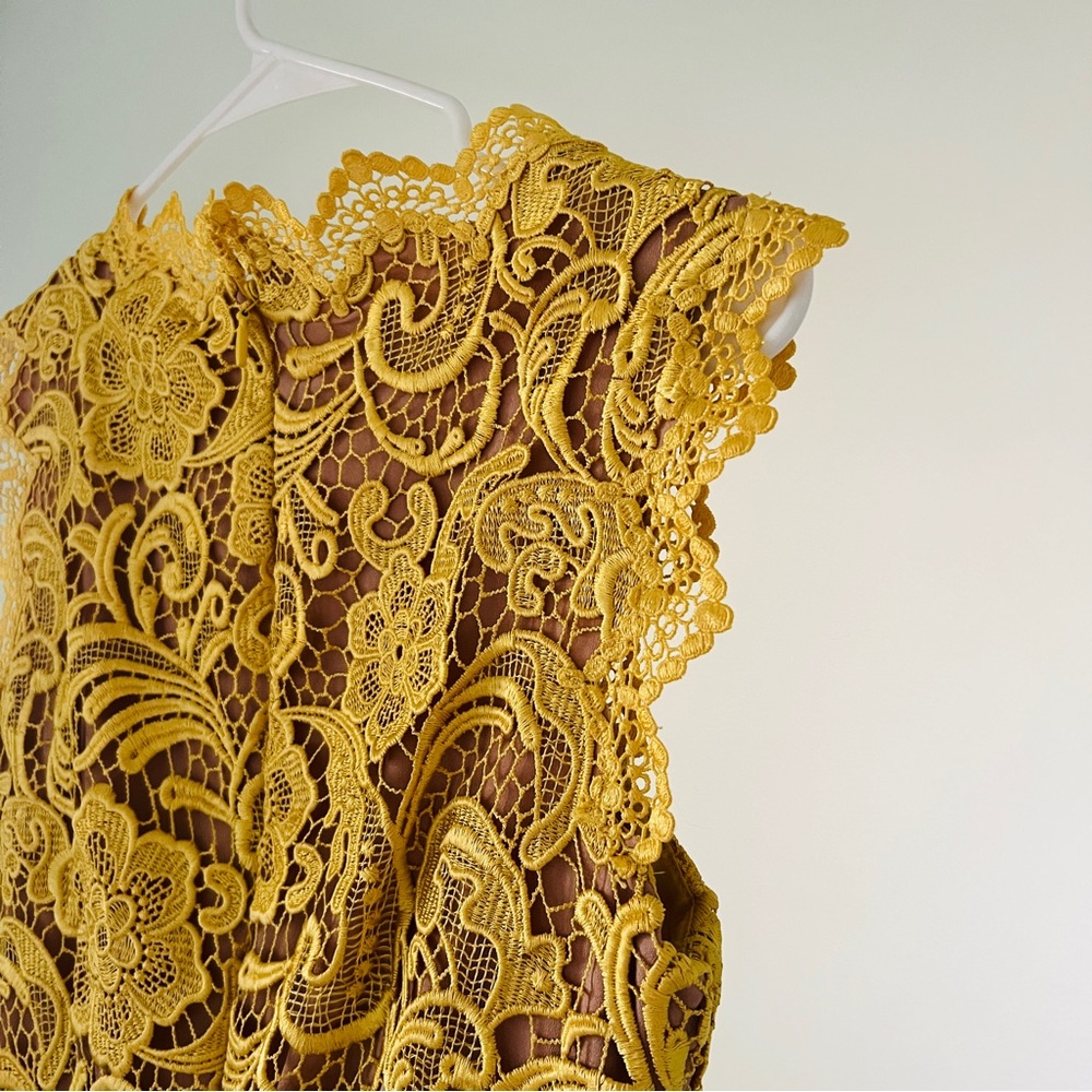 Dress the Population Claudette Crochet‎ Lace Sheath Dress in Canary/ Nude - Picture 4 of 9